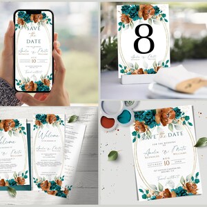 Burnt Orange and Teal Wedding Invites Mega Bundle, Teal Terracotta Editable & Printable Invitation Set