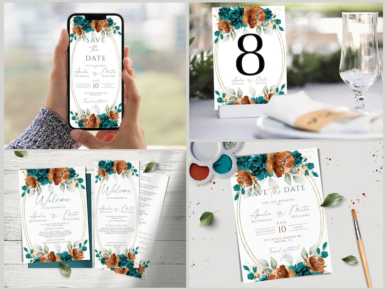 Burnt Orange and Teal Wedding Invites Mega Bundle, Teal Terracotta Editable & Printable Invitation Set
