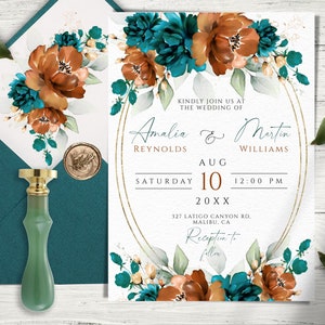 Floral Wedding Invitation Template, Orange and Teal Green Wedding Invite, Editable & Printable Dark Teal and Terracotta Invites Template.