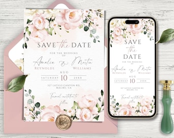 Blush Pink Floral Wedding Save the Date Template, For Phone and Print, Customizable and Printable Soft Pink Wedding E-vite, Instant Download