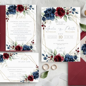 Conjunto de plantillas de invitación de boda floral azul marino y rojo burdeos, con marco dorado geométrico, conjunto de invitación de boda editable e imprimible.
