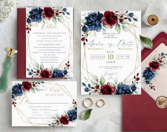 Navy Blue and Red Burgundy Floral Wedding Invitation Template Set, With Geometric Gold Frame, Editable & Printable Wedding Invitation Set.