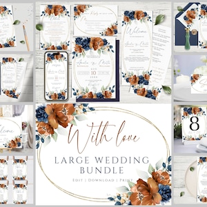 Hochzeitseinladungs-Bundle-Vorlage, Hochzeit in Gebrannte Orange und Marineblau, Lädt ein Mega Bundle, Terrakotta bearbeitbares & druckbares Einladungs-Set.