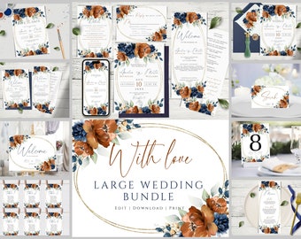 Wedding Invitation Bundle Template, Burnt Orange and Navy Blue Wedding Invites Mega Bundle, Terracotta Editable & Printable Invitation Set.