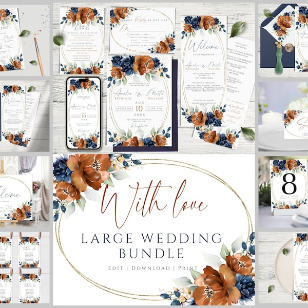 Wedding Invitation Bundle Template, Burnt Orange and Navy Blue Wedding Invites Mega Bundle, Terracotta Editable & Printable Invitation Set.