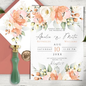 PEACH Eleganz, Blumenhochzeitseinladungsvorlage, bearbeitbar, druckbare Hochzeit lädt ein, Anpassen DIY Einladung Templett, Sofort Download