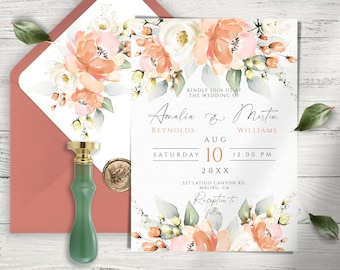 Könnte beinhalten: Hochzeitseinladung mit einem Aquarell-Blumendesign in den Farben Pfirsich, Weiß und Grün. Der Text lautet "Kindly join us at the wedding of Amalia & Martin Reynolds Williams Aug 10 20XX 12:00 PM 327 Latigo Canyon Rd, Malibu, CA Reception to follow."