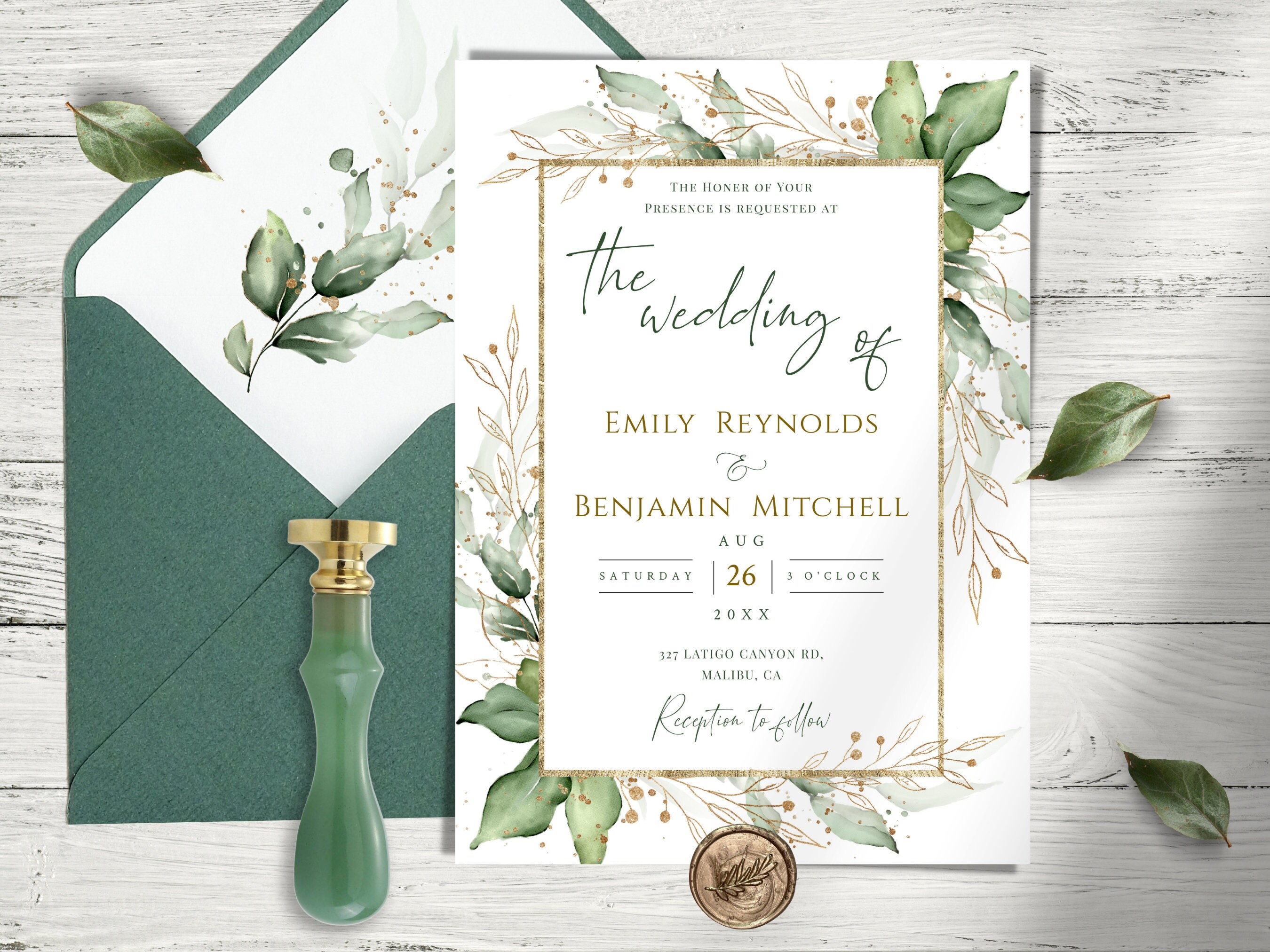 Greenery Gold Leaf Wedding Invitation Template Set (digital Download ...