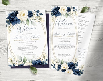 Wedding Program Template, Navy Blue and White Wedding Program, Printable Order of Ceremony Template, Editable Wedding Program, DIY Program.