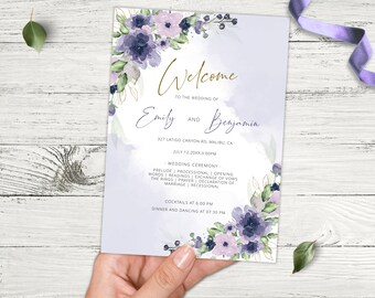 Dusty Purple Floral Wedding Program Template: Editable Printable (Digital Download)