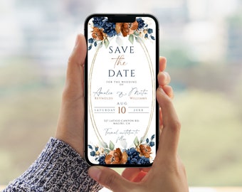 Wedding Save The Date Evite, Burnt Orange and Navy Blue Save The Date For Phone, Editable SmartPhone Invitation, Terracotta & Navy Evite DIY