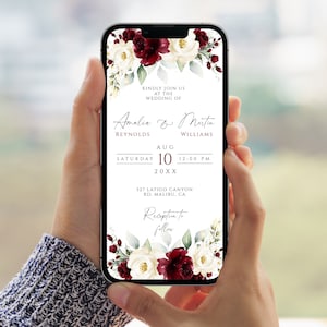 Burgundy Floral Wedding Invitation Template: Modern Mobile Design (Digital Download)