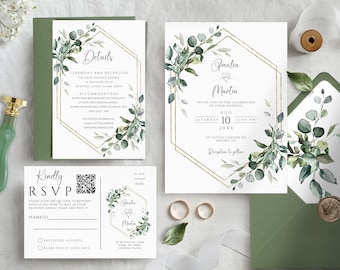 Greenery Wedding Invitation Template SET, Editable And Printable Eucalyptus Invites (DIY Instant Download)