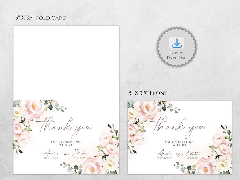 Blush Pink Floral Wedding Thank You Card Template (digital Download) - Etsy