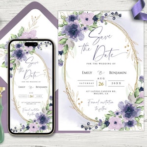 Lila Hochzeit Save The Date Vorlage, für jedes Telefon und Print, Lila Hochzeit Save The Date Evite, Sofort Download, einzigartiges Design.