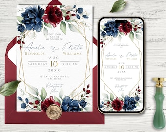 May include: A wedding invitation with a gold geometric frame and floral design. The invitation features burgundy and blue flowers with gold accents. The text reads "Kindly join us at the wedding of Amalia & Martin Reynolds Williams Aug 10 12:00 PM 20XX 327 Latigo Canyon Rd. Malibu, CA Reception to follow."