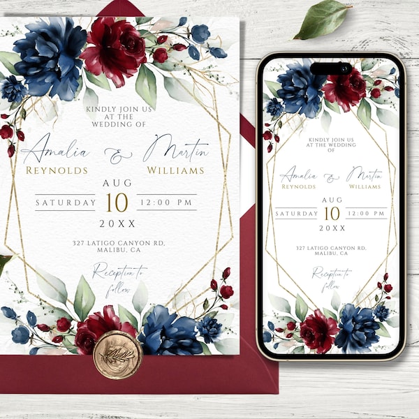 Navy and Burgundy Wedding Invitation - Etsy