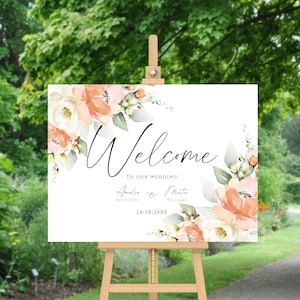 PEACH Elegance, Hochzeit Willkommensschild Vorlage, Pfirsich Willkommensschild, Floral bearbeitbares Hochzeitsschild, DIY, druckbare benutzerdefinierte Willkommensschildvorlage