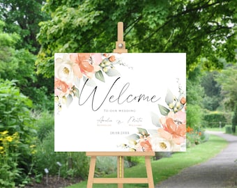 PEACH Elegance, Wedding Welcome Sign Template, Peach Welcome Sign, Floral Editable Wedding Sign, DIY, Printable Custom Welcome Sign Template