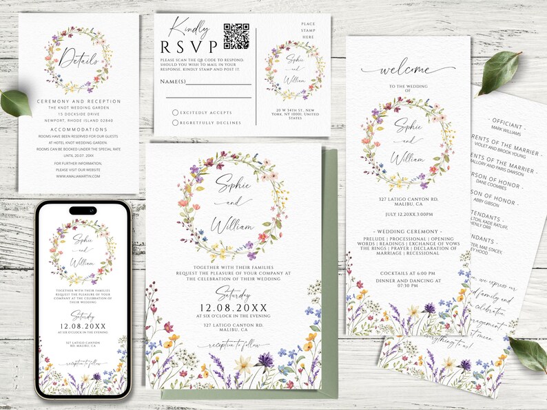 Wedding Invitation Bundle Template, Wildflowers Wedding Invites Mega Bundle, Floral DIY Editable & Printable Invitation