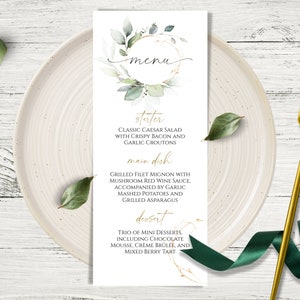 Modello di menu di nozze, download di menu modificabile nel verde, download immediato, menu di nozze stampabile Royal Green, menu di cibo per matrimoni minimalista.