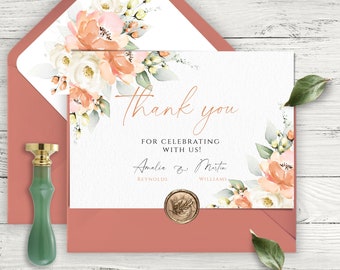 Peach Floral Wedding Thank You Card Template (Editable & Printable)