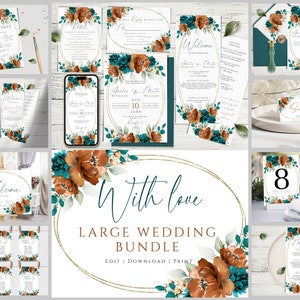 Hochzeitseinladungs-Bundle-Vorlage, gebrannte Orange und Teal Hochzeit lädt ein Mega Bundle, Teal Terracotta bearbeitbares & druckbares Einladungs-Set.