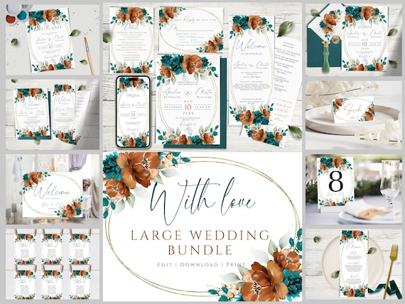 Mega Bundle Burnt Orange and Teal Wedding Invitation, Terracotta Editable & Printable Invites Set.