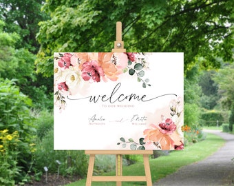 Sjabloon perzik bloemen bruiloft welkomstbord (doe-het-zelf afdrukbaar)
