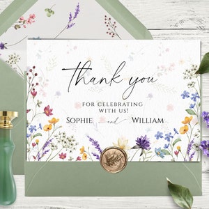Modello di biglietto di ringraziamento con fiori di campo, biglietto di ringraziamento per matrimonio modificabile, biglietto di ringraziamento per matrimonio floreale stampabile, file di download immediato fai da te.