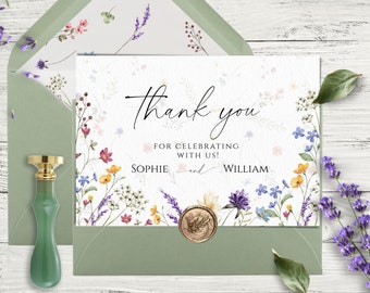 Wildflowers Thank You Card Template, Editable Wedding Thank You Card, Printable Floral Wedding Thank You Card, DIY Instant Download File.