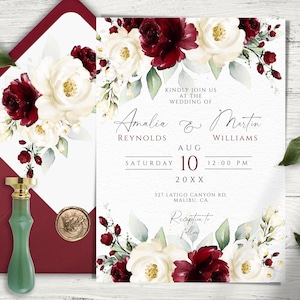 Sjabloon bruiloft uitnodiging bordeauxrode bloemen: aanpasbaar ontwerp (digitale download)