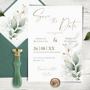 GLEAM Wedding Save the Date Convite, Editável e imprimível Salvar o modelo de data, vegetação e convite de casamento dourado, Custom Save The Date.