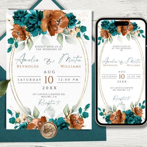 Rust Orange and Teal Green Wedding Invitation Template For Phone and Print, Editable & Printable Dark Teal and Terracotta Wedding Invites.