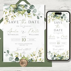 Casamento Salve o Modelo de Data para Telefone e Impressão, Eucalipto Salve a Data, Verde Moderno Editável Salve a Data, Convite para Smartphone.