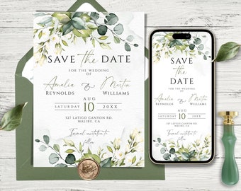 Wedding Save The Date Template For Phone and Print, Eucalyptus Save the Date, Editable Modern Greenery Save the Date, SmartPhone Invitation.