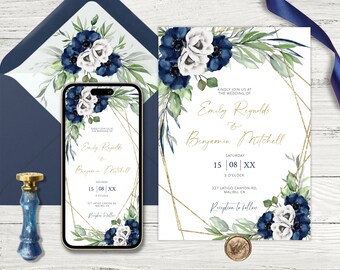 Floral Wedding Invitation Template: Navy Blue & White E-vite (Instant Download)
