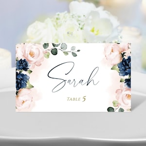 Modelo de cartões de lugar de casamento Vivian Blush rosa e marinho, cartões de lugar florais editáveis e imprimíveis, planos e tenda dobrada DOWNLOAD INSTANTÂNEO DIY