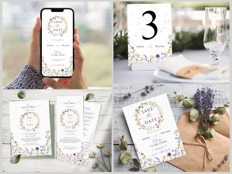 Wedding Invitation Bundle Template, Wildflowers Wedding Invites Mega Bundle, Floral DIY Editable & Printable Invitation
