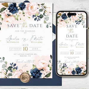 Op de afbeelding: Save the date-kaart met een bloemmotief met roze en blauwe bloemen. De kaart zegt "Save the Date" voor de bruiloft van Amalia & Martin Reynolds & Williams, zaterdag 10 augustus 20XX, 327 Latigo Canyon Rd, Malibu, CA. Formele uitnodiging volgt.