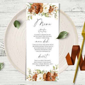 Modelo de menu de casamento em terracota, download de menu floral de ferrugem editável, download instantâneo, menu de comida de casamento floral laranja queimada para impressão, faça você mesmo