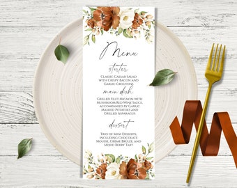 Terracotta Wedding Menu Template, Editable Rust Floral Menu Download, INSTANT Download, Printable Burnt Orange Floral Wedding Food Menu, DIY