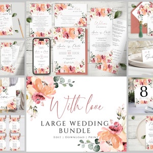 May include: A large wedding invitation bundle featuring a peach and pink floral design. The bundle includes save the date cards, invitations, RSVP cards, welcome signs, table numbers, and menus. The text "With love" and "Large Wedding Bundle" is featured on the front of the bundle.