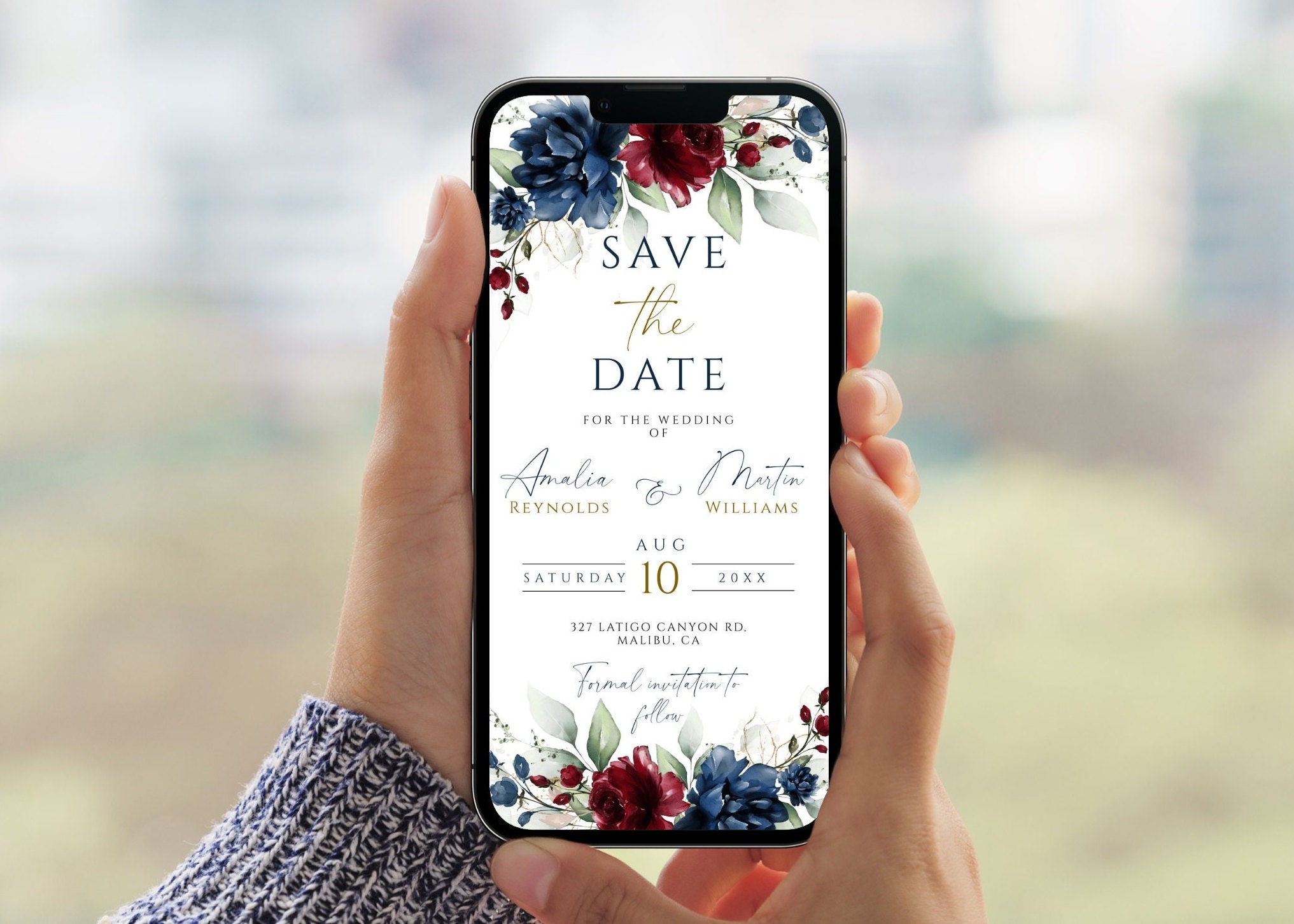 Burgundy & Navy Flowers Electronic Save the Date Template, Navy Blue and Red Burgundy Smartphone Save our Date Template DIY Instant Download