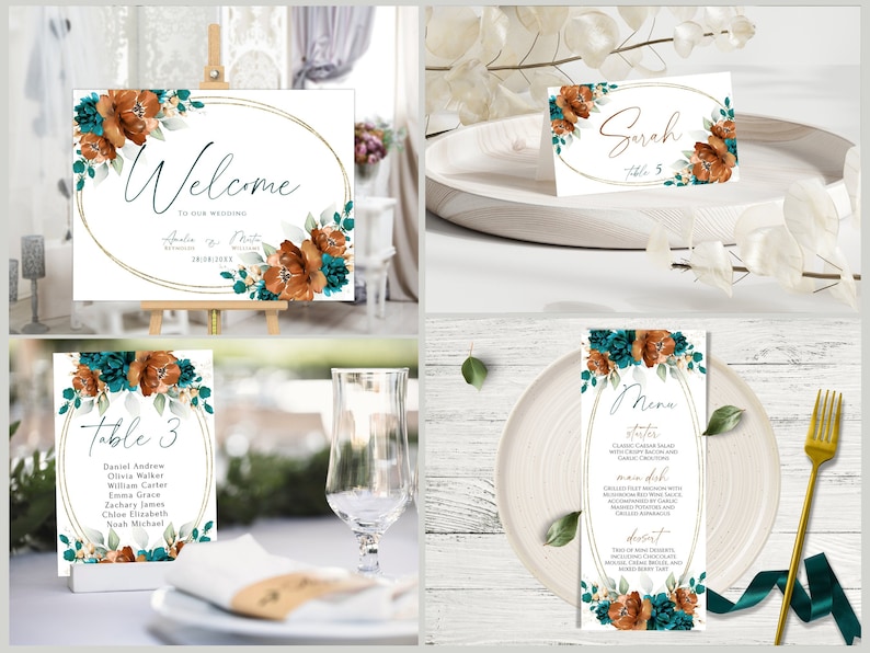 Burnt Orange and Teal Wedding Invites Mega Bundle, Teal Terracotta Editable & Printable Invitation Set