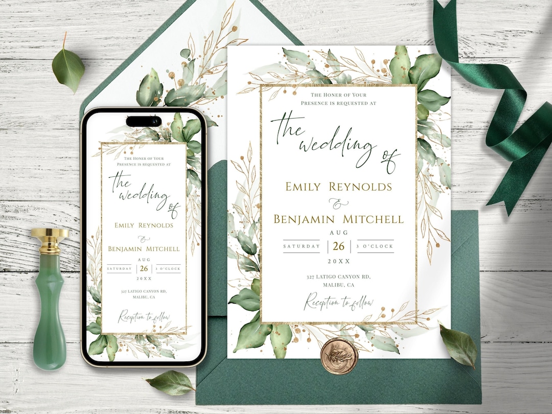 Gold Leaf Greenery Wedding Invitation Template (digital Download) - Etsy