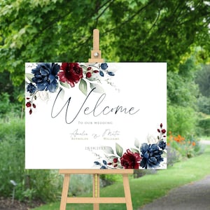 Wedding Welcome Sign Template, Red Burgundy & Navy Blue Editable Welcome Sign Download, Floral, Printable Custom Welcome Sign, Wedding Decor