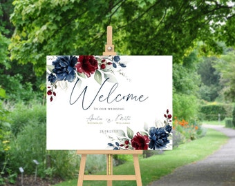 Floral Wedding Welcome Sign Template: Burgundy & Navy (Digital Download)