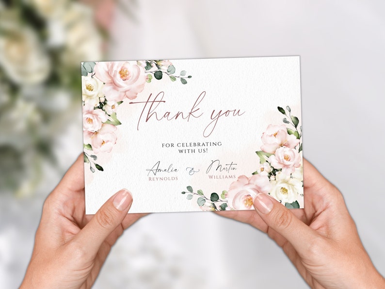 Blush Pink Floral Wedding Thank You Card Template (digital Download) - Etsy