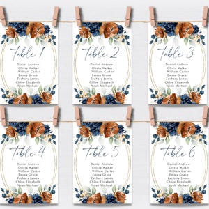 Modèle de plan de table de mariage, tableau de table de mariage imprimable orange brûlé et bleu marine chantant, plan de table suspendu, terre cuite et marine.
